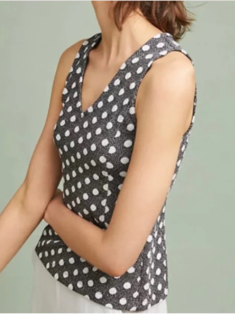 Anthropologie Maeve Top Navy Cream Jacquard Dots Sleeveless V Neck Casual Euc S